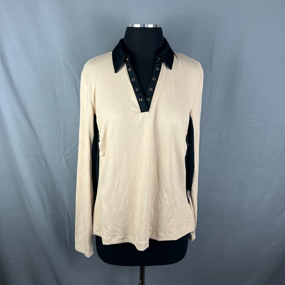 Women Long Sleeve Polo Shirt Beige Black Colorblock Side Panel Snap Front Casual